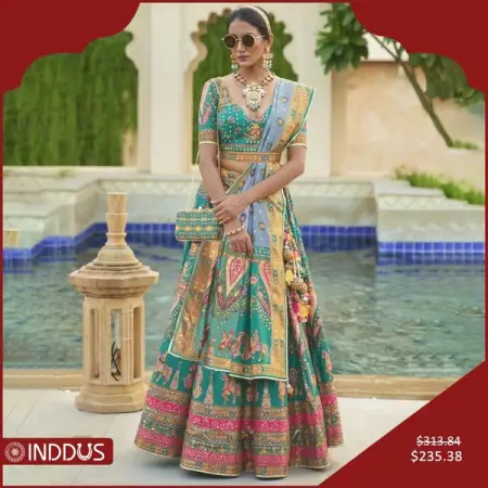WWW.INDDUS.COM
191.65  Turquoise Green  Gold Lehenga Choli
Navratri Sale  Upto 20 Off
Shop