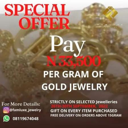 Buy a Gram of Gold for N 33,500
Dont Miss this special offer coming up