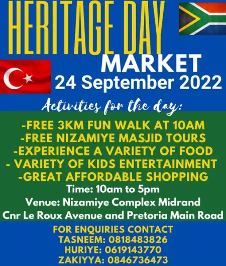 Repost eclecticeventsza

NIZAMIYE COMPLEX
HERITAGE DAY EVENT

SATURDAY 24TH SEPTEMBER 2