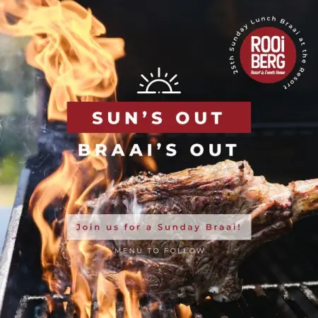 Suns out braais out.

Join us for a Sunday Braai on the 25th of September at Rooiberg Re