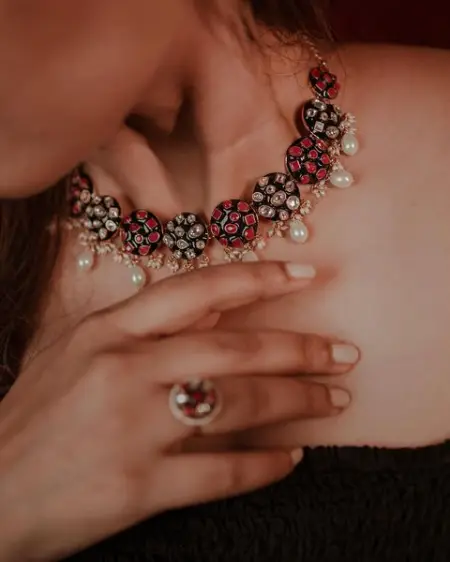 Up the glam quotient with this kundan and ruby studded enamel jeweller
