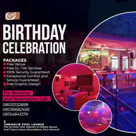 Chrisolik pool lounge is open to all events ranging from Birthdays to wedding Af