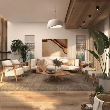 The use of natural wood and its different shades give the edge and complements the neutral c