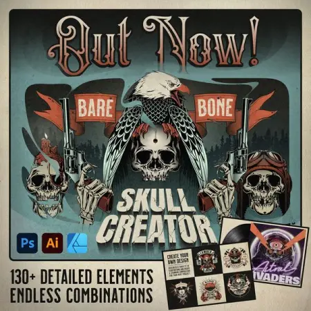 Create custom skull artworks with our easy-to-use interactive graphic set. Dozens of differ