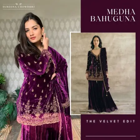 SUREENACHOWDHRI.COM
Plum Silk Velvet Fitted Gharara Set  From INR 28,900
Wo
