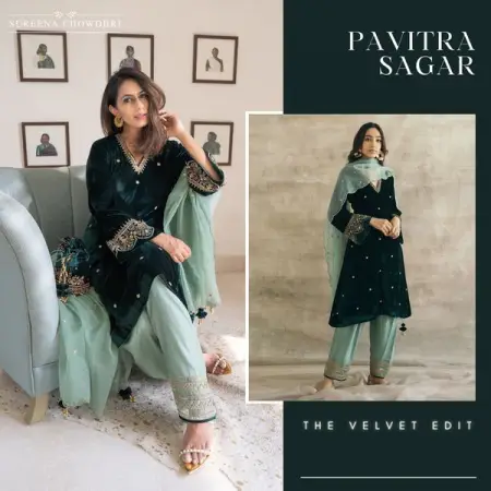 SUREENACHOWDHRI.COM
Bottle Green Silk Velvet Contrast Kurta Set  From INR 19,900
Worldwid