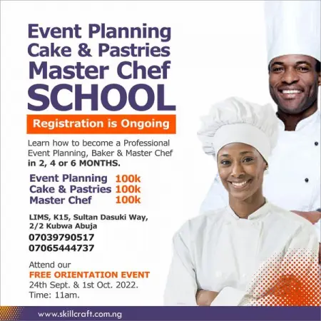Learn how to become a Professional
Event Planner, Baker  Master Chef.
in our 2 months, 4 mon
