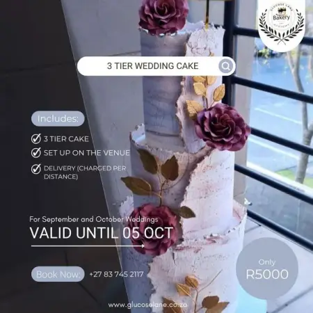 Wedding Cake Special!!!!!!!
3 tier Cake R5000 save R 1000
For more infor