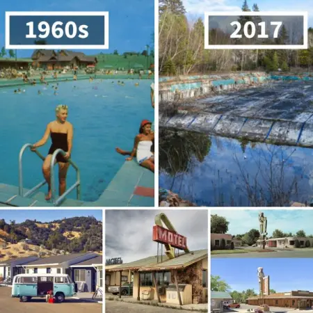 Nostalgic then vs now pics of American motels that used to have this vintage aesthetic style