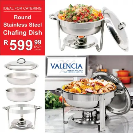 This elegant round stainless steel chafing dish will display food in a prof