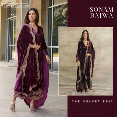 SUREENACHOWDHRI.COM
Wine Asymmetrical Silk Velvet Kurta Set  From INR 18,900