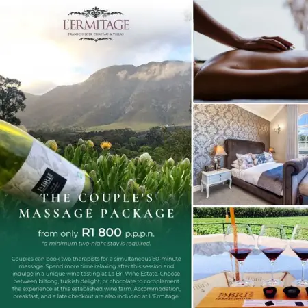     
PRICED FROM R1800 PER PERSON PER NIGHT

Couples can book two therapists for a simulta