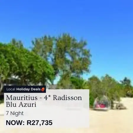 LOCALHOLIDAYDEALS.CO.ZA
Mauritius - 4 Radisson Blu Azuri
7 nights
Book Now
7 nights