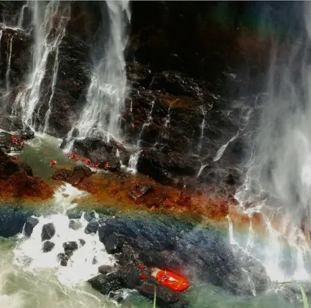 A rainbow appears over our rafters swimming under the Victoria Falls 

To