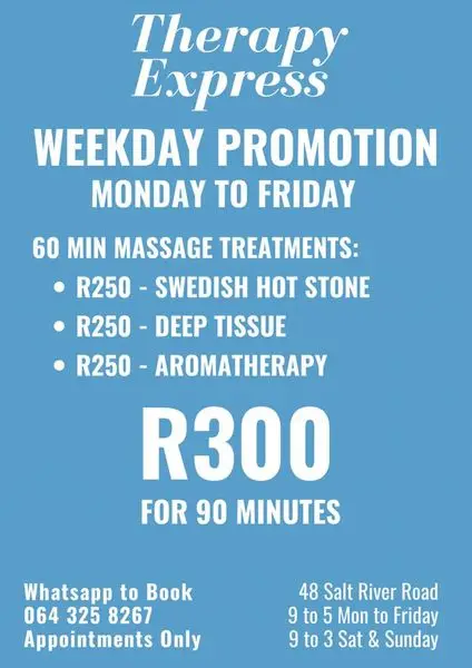 90min Massage  R300 - Only at Therapy Express in Salt River
Therapy Express
Send WhatsA