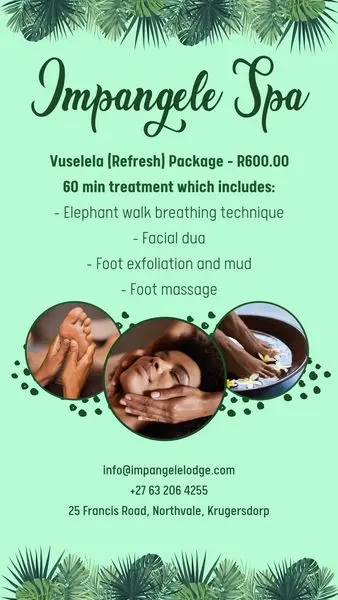 Vuselela Refresh Package - R600.00
60 min treatment which includes
- Elephant wal