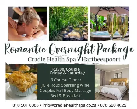 Dinner  Sparkling Wine, Bed  Breakfast, Massage  Spa for only R3500couple.
Every Fri