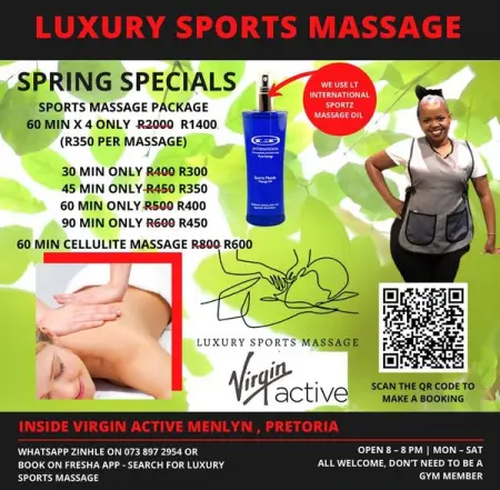 Spring is here, lets put the spring back into your muscles 
FRESHA.COM
Luxury Sports Massag