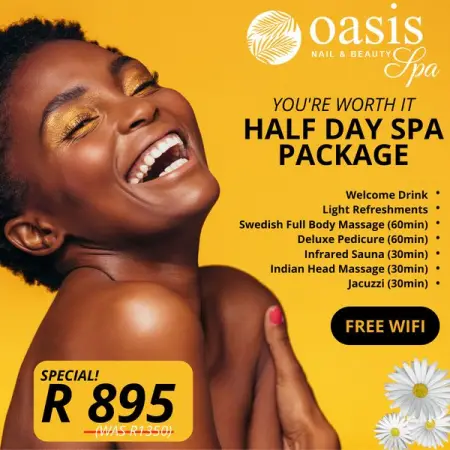 Half Day Spa Package worth R1,350 ONLY R895  

This is an offer to warm any womans heart !!
