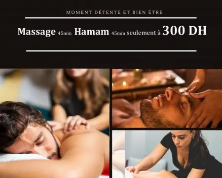  45    45    300  
Massage 45min et Hammam 45min  300 DH

Info  Rdv  05