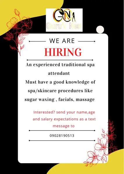 Vacancy !!

Experienced Traditional spa workers needed in wuse2, Abuja

To ap