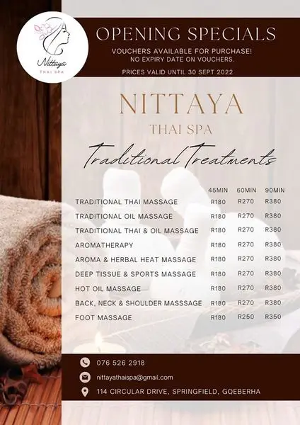 Nittaya Thai Spas grand opening!
Vouchers available for purchase.

Opening specials valid u