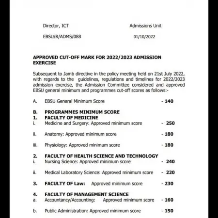 Ebonyi state University EBSU releases cut off marks and advertises postume for intending