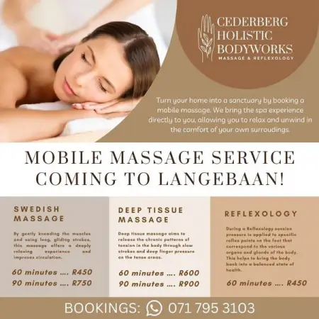 We are offering our mobile massage services in Langebaan and surrounds until the e