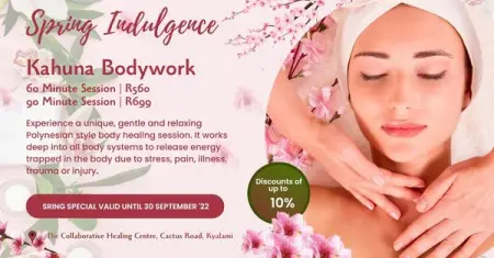 SPRING HEALING INDULGENCE  KAHUNA BODYWORK

BOOK BEFORE 30 SEPTEMBER 2022