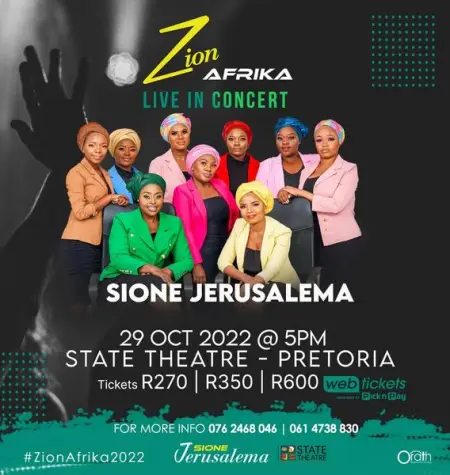 Catch ZionAfrika LIVE IN CONCERT
SAT 29 Oct 2022, State Theatre in Pretoria.

Perf