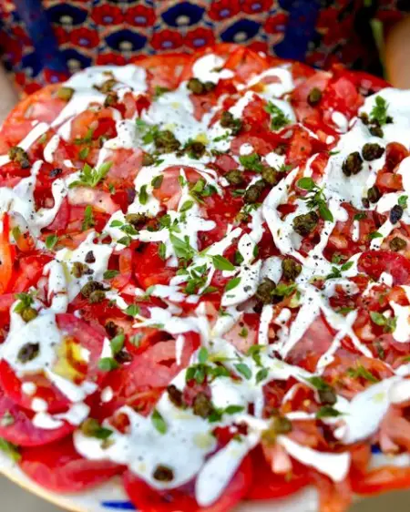  Recipe for Tomato Carpaccio
Serves 2 generously as a main course salad or 4 as a side 