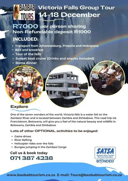 Victoria Falls Tour 14- 18 December. Join this exciting road adventure trip via Fran