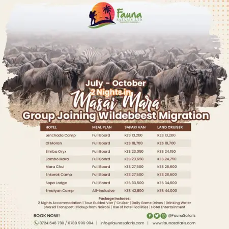 Tuende Masai Mara from as low as Kes 13,200 for 2 days and experience the famous Wil