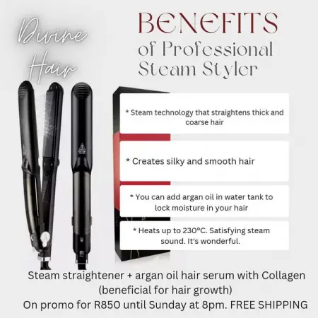 Professional steam styler on promo until Sunday at 8pm. Get the bundle for R850.
We