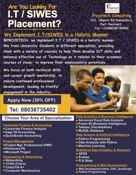 Are You Looking For I.T SIWES Placement?

We Implement I.TSIWES in a Holi