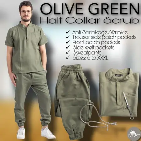 Olive Green Half Collar Scrub 
      
       .. 
        size chart  
       