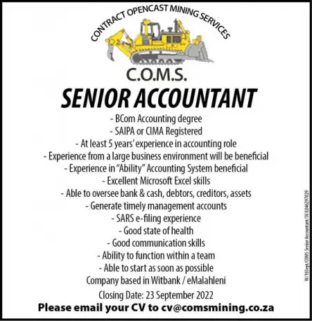 Advertisement
Position open for a senior accountant.
Closing date September 23.

Please em