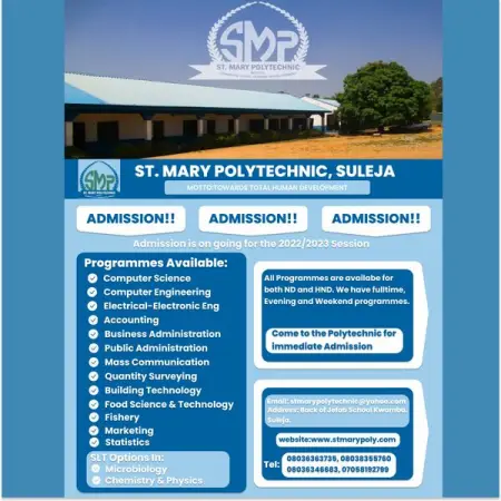Admission into St Mary Polytechnic is ongoing for the 20222023 session.
call us or send u