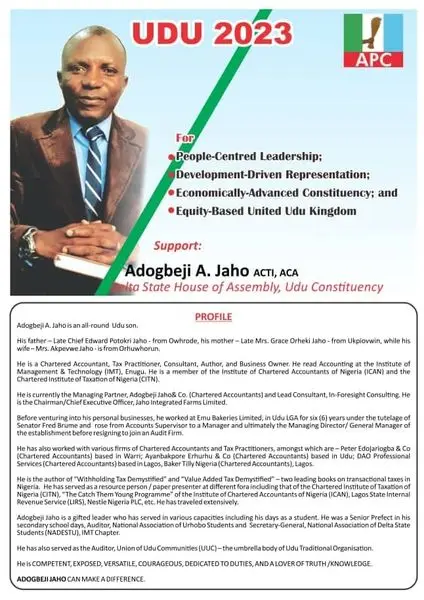 Support Adogbeji Jaho for Delta State House of Assembly, Udu Constituen