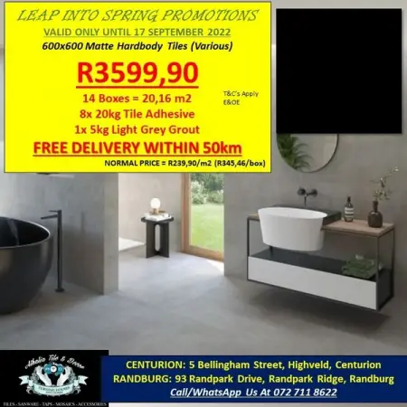 FB.COM
600x600 Matt Hardbody Tiles COMBO  Free Delivery
CallWhatsApp Us At 072 711