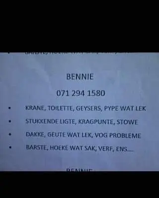Handyman - R 1 234,00

BENNIE
071 294 1580
Plumbing. Verf
Elektries. Plafonne
Da