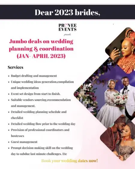 DISCOUNT BELLS ON WEDDING PLANNING AND COORDINATION SERVICES !!!

Dear 2023 brides, 