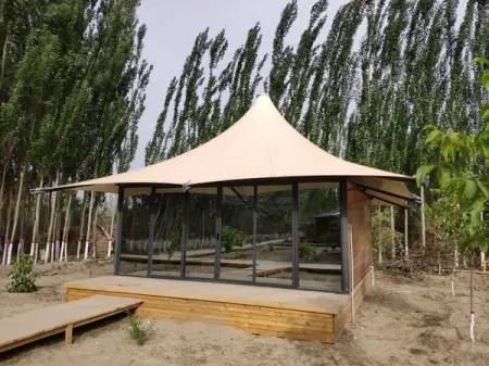 Glamping safari tent with glass wall temporary structure  reception room for your customer 