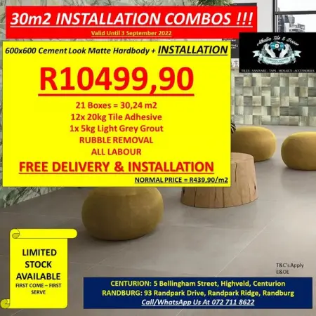 FB.COM
600x600 Cement Look Tiles All Materials, Labour  Removal
CallWhatsApp 