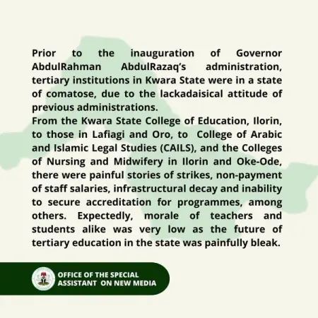 Prior to the inauguration of Governor AbdulRahman AbdulRazaqs administ