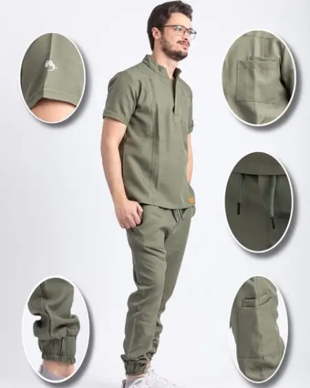 Olive Green Half Collar Scrub 
       .. 
 M,L,XL,XXL 
        size chart  
      