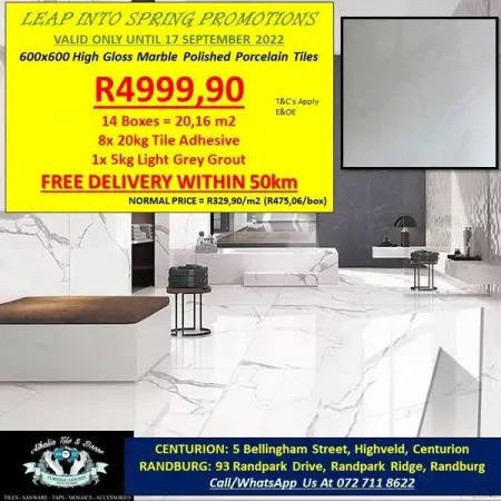FB.COM
Carrara High Gloss Porcelain 600x600 COMBO  FREE Delivery
CallWhatsApp Us At 072 7