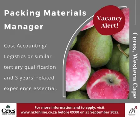 VACANCY Packing Materials Manager

Follow the link to apply online httpsjobs.m3online.co.z