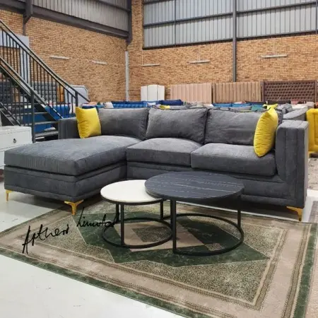 Done and ready for delivery . Our popular Nicole Porsh modern corner couch. L