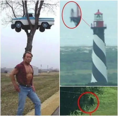 A modern man with a camera in a 1940s photograph, a flying object hovering abov